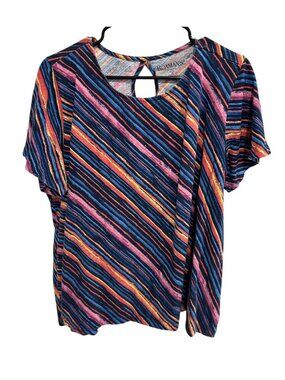 Roamans Womens Plus Size Striped Short Sleeve Top Keyhole Back Multicolor Sz 2X